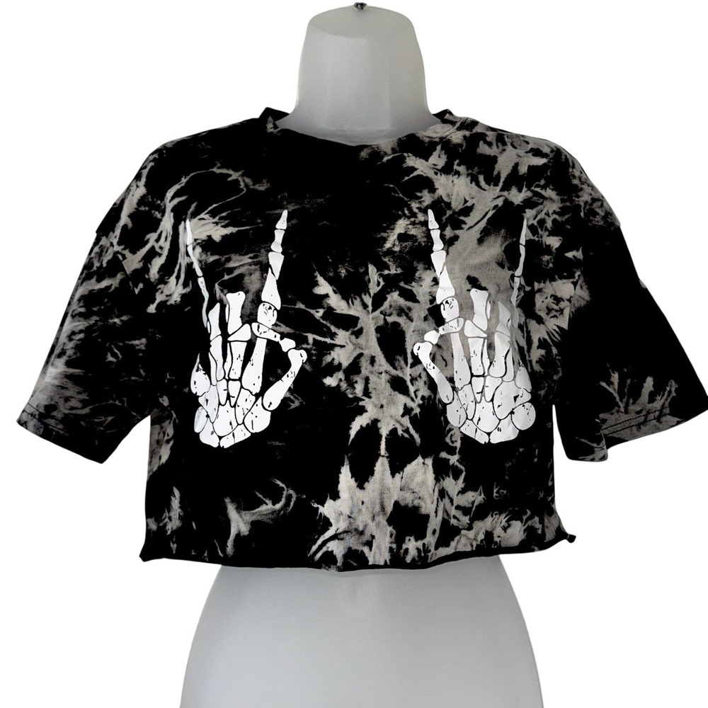 New XS Black White Tie Dye Crop Top Skeleton Hands Graphic Short Sleeve Cotton